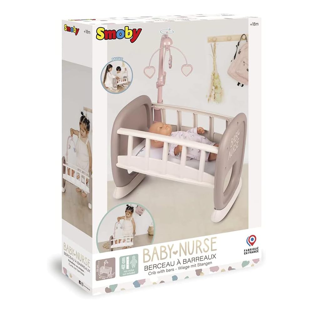 Smoby Baby Nurse Berceau à Barreaux pour Poupons 42 cm Lit Bascule Mobile