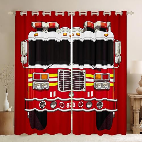 Manfei Fire Truck Window Curtains Red Fire Engine Window Treatments, Cartoon Fireman Car Window Drapes for Kids Boys Teens Room Decor Grommet Top 2 Panel Set Bedroom Curtains, 42Wx63L inch