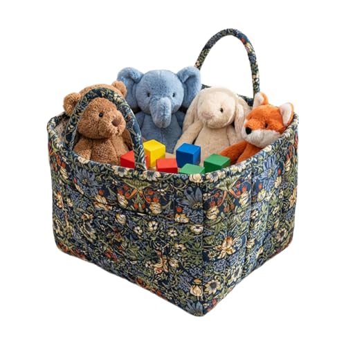 Image of Quilted Fabric Basket Foldable Car Storage Boho Floral Laundry Basket Hamper for Nursery Bedroom & Living Room | Organize Clothes Toys