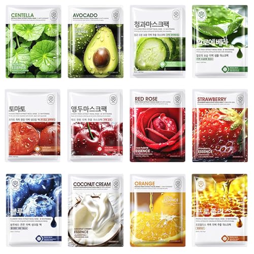 12 Stück Feuchtigkeitsspendende Tuchmasken, Natural Moisture Gesichtstuchmasken,Koreanische Frucht Gesichtsmaske,Beruhigend und Pflegende Feuchtigkeitsmaske (Die Verpackung ist auf Koreanisch)