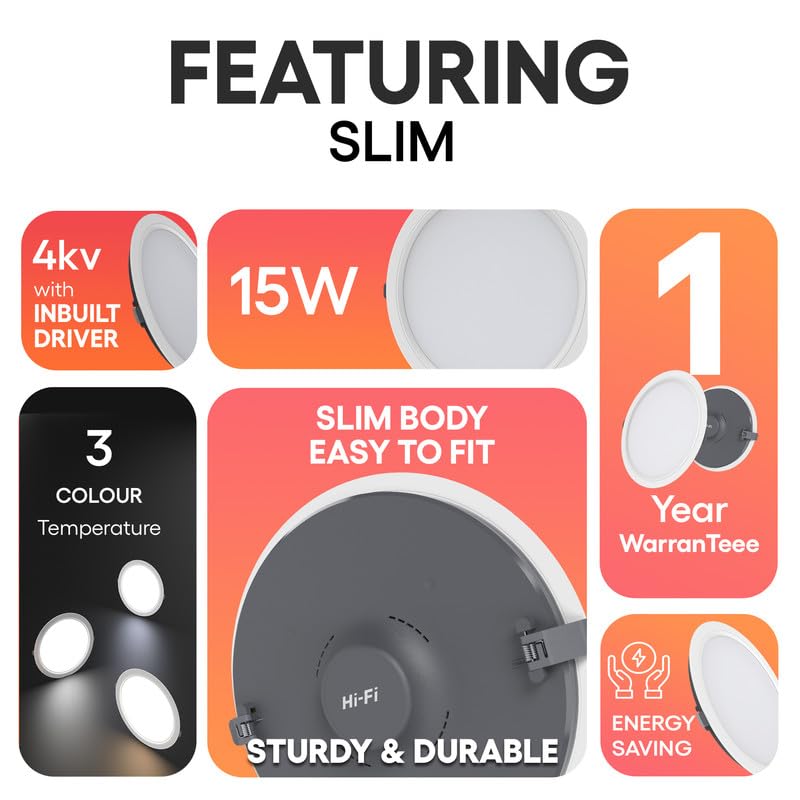 Image of Hi-Fi OLLO Polycarbonate 15-watt Round Led Downlighter| Recessed Led Downlight|Led Ceiling Light for Home and Hall|Cut Out: 68 mm, Color: Natural White (4000K) Pack of 1