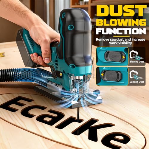 Image of Ecarke Cordless Jig Saw Compatible With Makita 18V Battery, Brushless Motor 3800RPM, 7 Speeds Dial Control, Free-Tool ±45 Bevel Cuts, 4 Orbital Action, Dust Blows and 6 Blades For Cutting, Tool Only