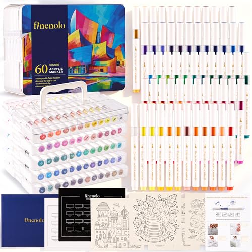 finenolo 60 Colors Acrylic Paint Markers Brush Tip Paint Pens with Waterproof Non-Bleeding Ink Ideal Acrylic Markers for Rock Painting Canvas Wood Glass Ceramic Fabric Metal DIY Crafts