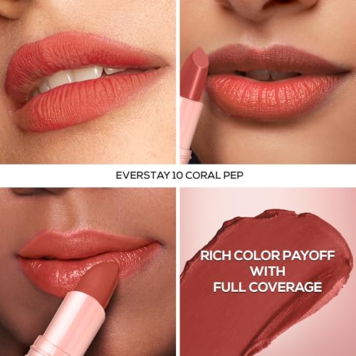 Image of RENEE Everstay Long Stay Matte Lipstick - Coral Pep, Hydrating & Non-Drying, Smudge-Proof, Lightweight, Long Lasting, Intense Pigment, Full Coverage, Vitamin E Infused, For All Occasions, 4.2g | Long-lasting