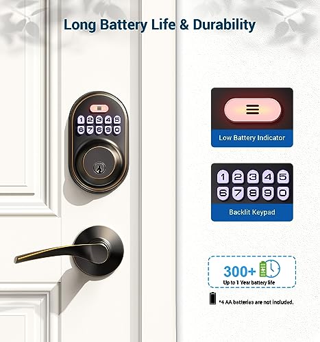 Veise Keyless Entry Door Lock With 2 Lever Handles - Electronic Keypad Deadbolt, Auto Lock, Back Lit & Easy Installation Design, Front Door Handle Sets, Oil Rubbed Bronze #TOP4