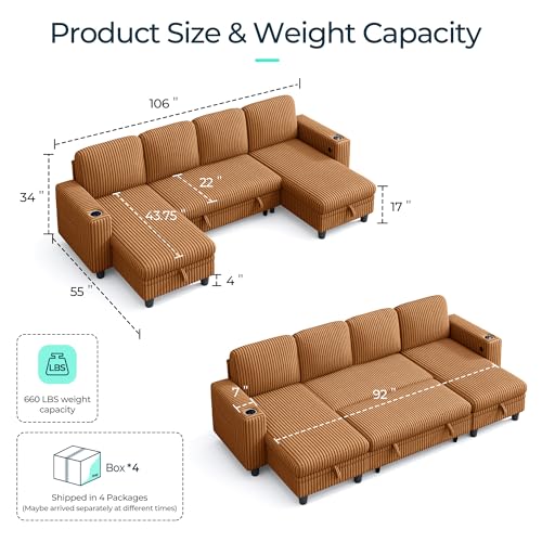 Image of LINSY HOME Sectional Sleeper Sofa with Pull Out Couch Bed - Convertible Plush Corduroy Cloud Couch with Storage Chaise & USB Charging, Comfy U Shaped Modular Couches for Living Room, Brown