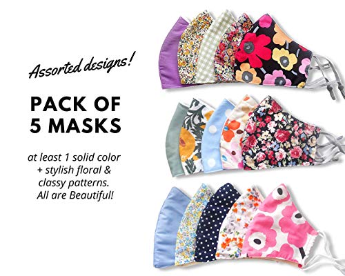 Reusable Masks For Adults - Stylish Cotton Face Mask For Women - 3 Layer With Filter Pocket Cloth Face Mask - Adjustable Ear Straps - Handmade Cute Floral Pattern - Assorted Designs Pack Of 5 #TOP1