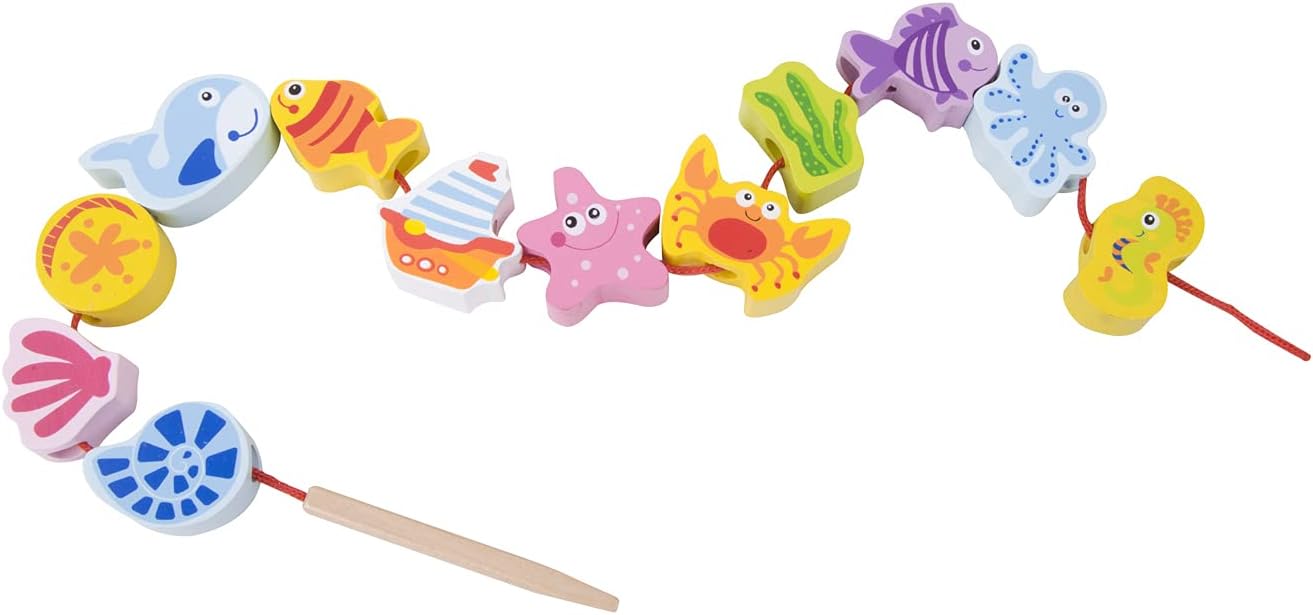 Classic World Wooden Lacing Beads & String, 12 Under The Sea Animals & Plants Design Beads + 1 Lace, Non Toxic Paint, Threading Toys for Preschool Montessori, 18 Months+