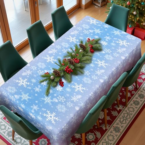 Image of Labeol 3 Pack Christmas Tablecloth, 108 x 54 inch Blue and Purple Snowflake Tablecloth, Disposable Plastic Waterproof Rectangle Table Cover for Christmas Decorations Party Supplies