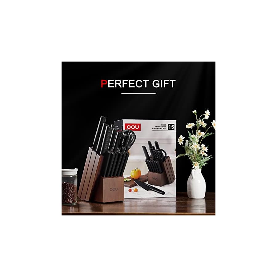 OOU Kitchen Knife Set - 15 Pcs High Carbon Stainless Steel Chef Knife Sets, Dishwasher Safe Black Knives Block Set With Built in Sharpener, Best Christmas Gifts for Men Women