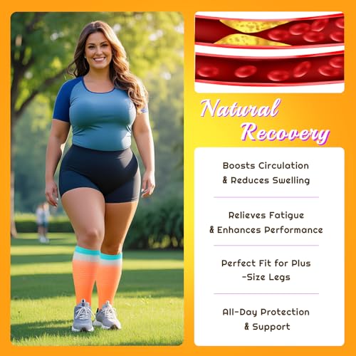 Image of Plus Size Compression Socks for Women & Men 3 Pairs, Wide Calf Extra Large 20-30 mmHg Knee High Support Socks for Travel, Running, Nurse