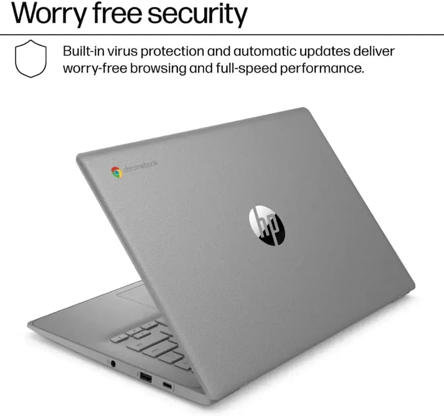 Image of HP Chromebook 14 Laptop, Intel Celeron, 4GB RAM 64GB eMMC (Optional Upgrade to 8GB 128GB), 14 inch HD Display, Webcam, Chrome OS, Long Battery Life, WiFi, Wireless Earbuds, Great for School, Work & Gifts