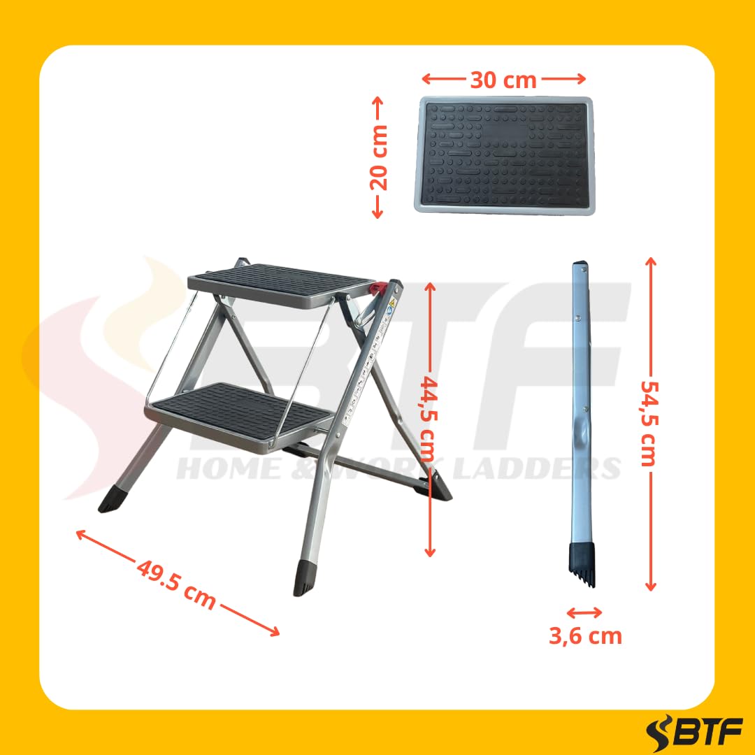 BTF Mini Escalera plegable de 2 Peldaños de 20x30 cm - 20cm de profundo, goma antideslizante y asa de sujetación | Medidas cerrada 49,5x3,6x54,5 cm Certificada GS TüV Rheinland EN14183 Carga de 150 kg