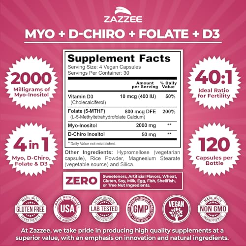 Image of Zazzee Myo & D-Chiro Inositol Ideal 40:1 Ratio with Vitamin D3 & Folate, 120 Vegan Capsules, Hormonal Balance & Cycle Support for Women, Women's Health Supplement, Non-GMO, Made in the USA