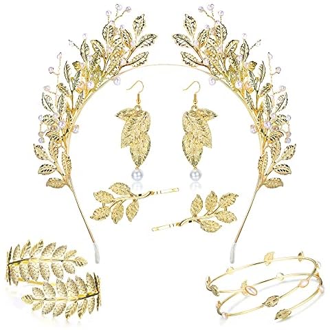 Kakonia 7Pcs Greek Goddess Costume for Women Greek Goddess Accessories Golden Leaves Pearl Crown Headband Upper Arm Cuff Pearl Leaf Earring Hair Pins Headpiece Egyptian Toga Goddess Costume Jewellery Cover