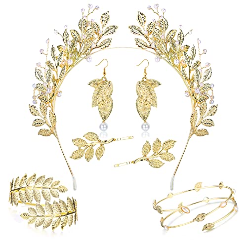 Kakonia 7 piezas de disfraz de diosa griega para mujer, accesorios de diosa griega, hojas doradas, corona de perla, diadema de corona de perla, puño superior del brazo, aretes de hoja de perla