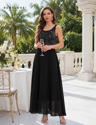 Image of BeryLove Sequin Dress for Woman Vintage A Line Wedding Formal Swing Mesh Dress Sleeveless Cocktail Maxi Gowns