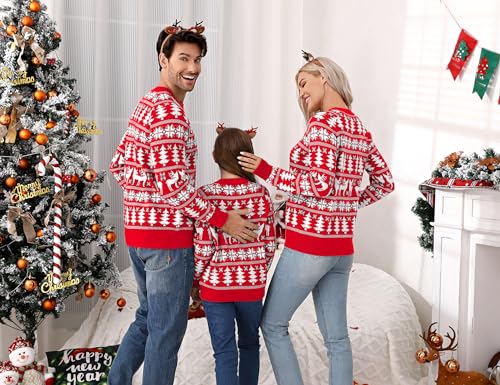 MISSKY Family Christmas Sweater Reindeer Snowflake Pattern Crew Neck Holiday Pullover Knitwear3