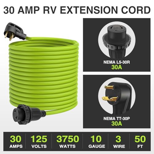 Image of Nilight 50FT 30 Amp RV Locking Extension Cord 125V Heavy Duty 10 /3 Gauge Pure Copper STW Wire UL ETL Listed 3 Prong TT-30P L5-30R Weatherproof Suit for Camper Caravan Trailer Bright Green