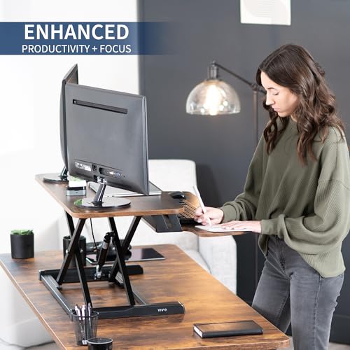 Image of VIVO 36 inch Desk Converter, K Series, Height Adjustable Sit to Stand Riser, Dual Monitor and Laptop Workstation with Wide Keyboard Tray, Rustic Vintage Brown Top, Black Frame, DESK-V036KN