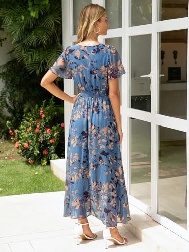 Image of Simplee Womens Floral Maxi Dress - Short Sleeve Summer Boho Wedding Guest Dress Empire Waist Chiffon Modest Midi Dresses