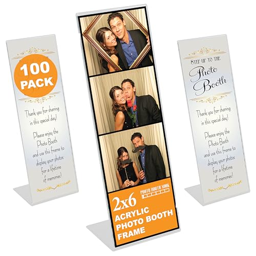 Photo Booth Nook | 2x6 Slanted Photo Booth Frames (100 Count) | Crystal Clear Acrylic Photo Booth Picture Frame with Silver Inserts | Bulk