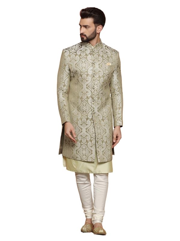 kisah Men's Silk Blend Textured Woven Sherwani Set | Wedding Groom Festive Traditional Occasions-picture-23