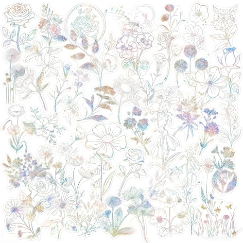 Rieoany Pegatinas Holográficas 100 Hojas, Pegatinas Transparentes Flores Scrapbooking, Papel Adhesivo PET Laser para Journal, Álbum de Fotos, Proyectos Creativos