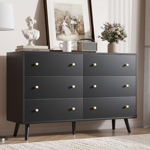 Image of SINROM® Black Dresser for Bedroom, Black and Gold Dresser with Gold Handles, Wide Wood 6 Drawers Dressers for Bedroom