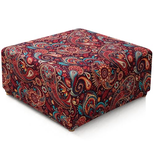 Image of YISUN Ottoman Cover Square, Stretch Printed Ottoman Slipcover Square, Thick Storage Ottoman Covers Washable Footrest Stool Cover Protector with Nonslip Elastic Bottom
