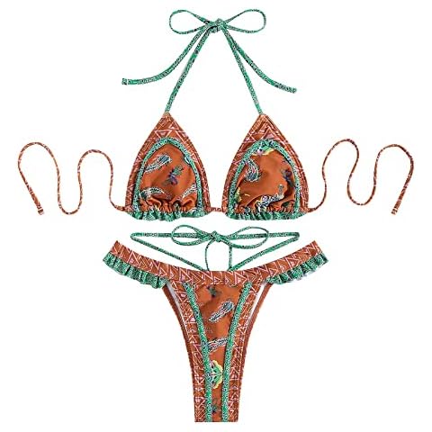 HOOUDO Two Piece Swimsuit for Women Sexy Thong Bikini Sets Ruffled Bottom Bathing Suit Swimwear Triangle Vintage Bandage Swimming Costume Brown Cover