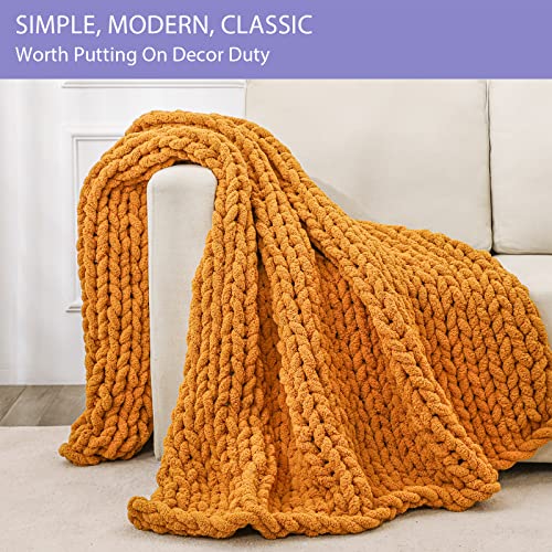 Bigacogo Chunky Knit Blanket Throw 51"X63", 100% Hand Knitted Chenille Throw Blanket, Big Soft Thick Yarn Cable Knit Blanket, Large Rope Knot Crochet Throw Blankets For Couch Bed Sofa (Burnt Orange) #TOP2