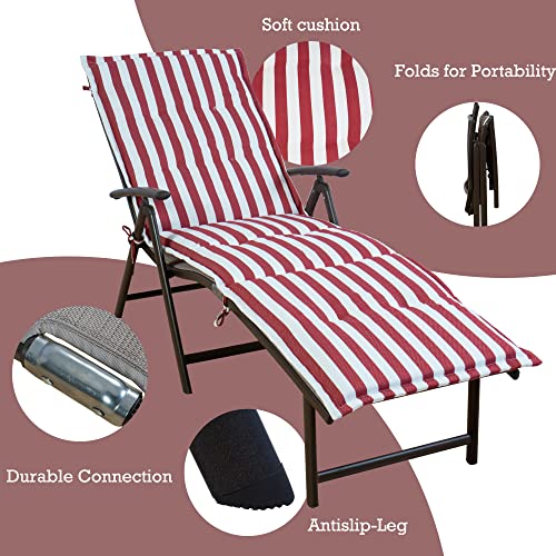 Kozyard Cozy Aluminum Reclining Lounge Chair - Perfect for Beach, Yard, Pool, Deck, Patio Outdoor Chaise Lounge with Drink Holder, Weather Free, Adjustable Assemble Free (Beige with Red Strip Cushion)