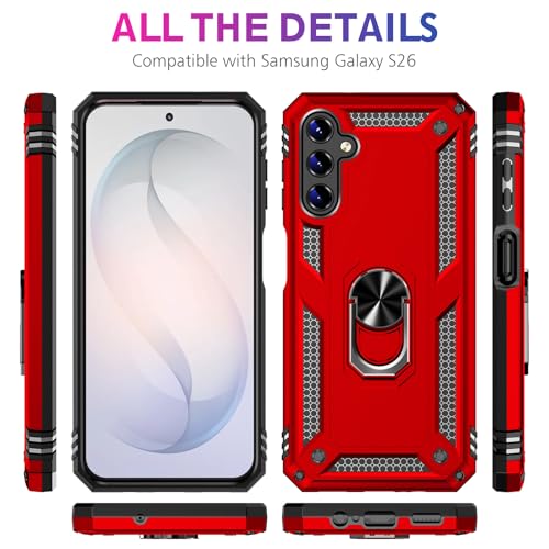 Image of for Samsung Galaxy S26 Case with Screen Protector, Heavy Duty Military Grade Shockproof Rugged Protective Cover for Samsung S26 Phone Case with Metal Ring Magnetic Kickstand (Red)