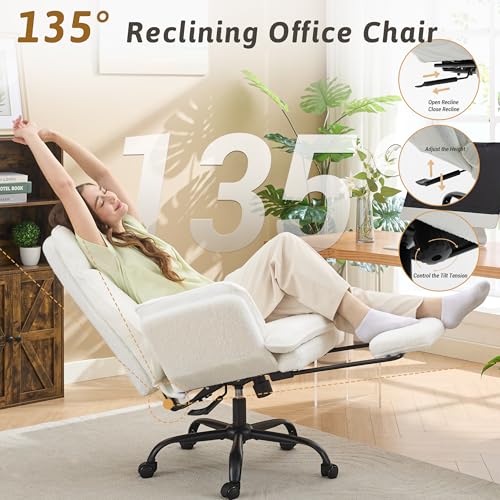 Image of Wider Seat Office Chair with Flip Armrests for Criss Cross Legged&Cats, Big and Tall Executive Ergonomic Reclining Chair with Footrest&Lumbar Pillow, Teddy Fleece Desk Chair, White Vanity Chair
