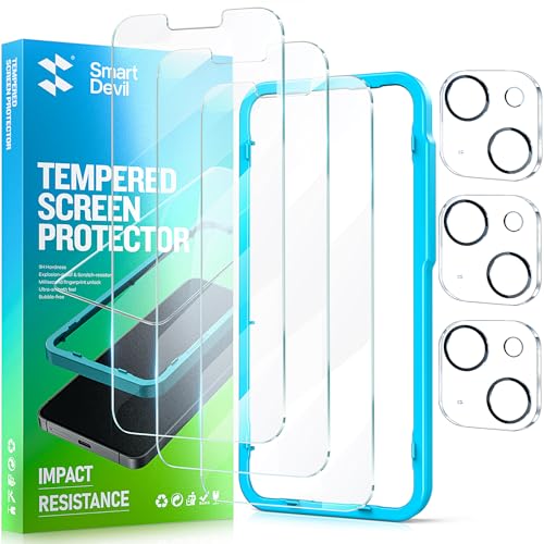 SMARTDEVIL 3 Pack Screen Protector for iPhone 14 with 3-Pack Camera Lens Protector, 9H Clear Tempered Glass Film [Military Grade Shatterproof], Alignment Frame [Easy Installation] iPhone 14