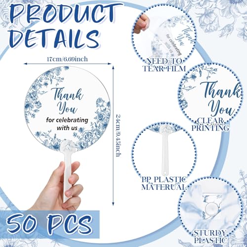 Image of Geelin 50 Pcs Wedding Fans in Bulk Transparent Acrylic Blue Flower Bridal Shower Handheld Favor Fans for Guests Summer Wedding Bridesmaid Gift for Hot Outdoor Ceremony Baby Shower