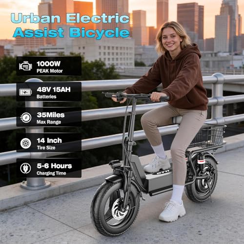 Image of Electric Scooter with Seat for Adults, 1000W Peak Motor, Up to 25 MPH 35 Miles, Multiple Suspension, Bright Light, Sturdy Scooter Frame, 14 inch x 2.125 inch Tires, Provides Comfortable and Safe Ride
