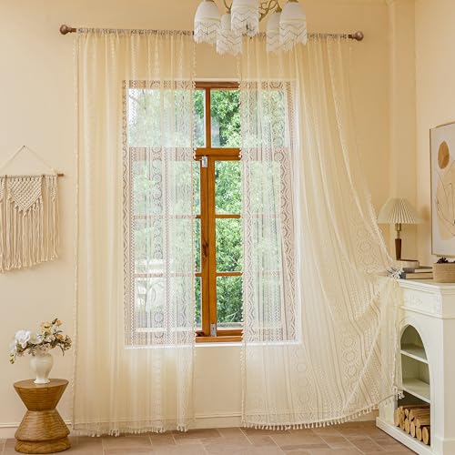 Image of MYSKY HOME Beige Boho Lace Sheer Curtains with Tassels 90 Inch Length 2 Panels Vintage Floral Bohemian Rustic Crochet Geometry Striped Rod Pocket Drapes for Living Room Bedroom, 55 inch Wide Each Panel