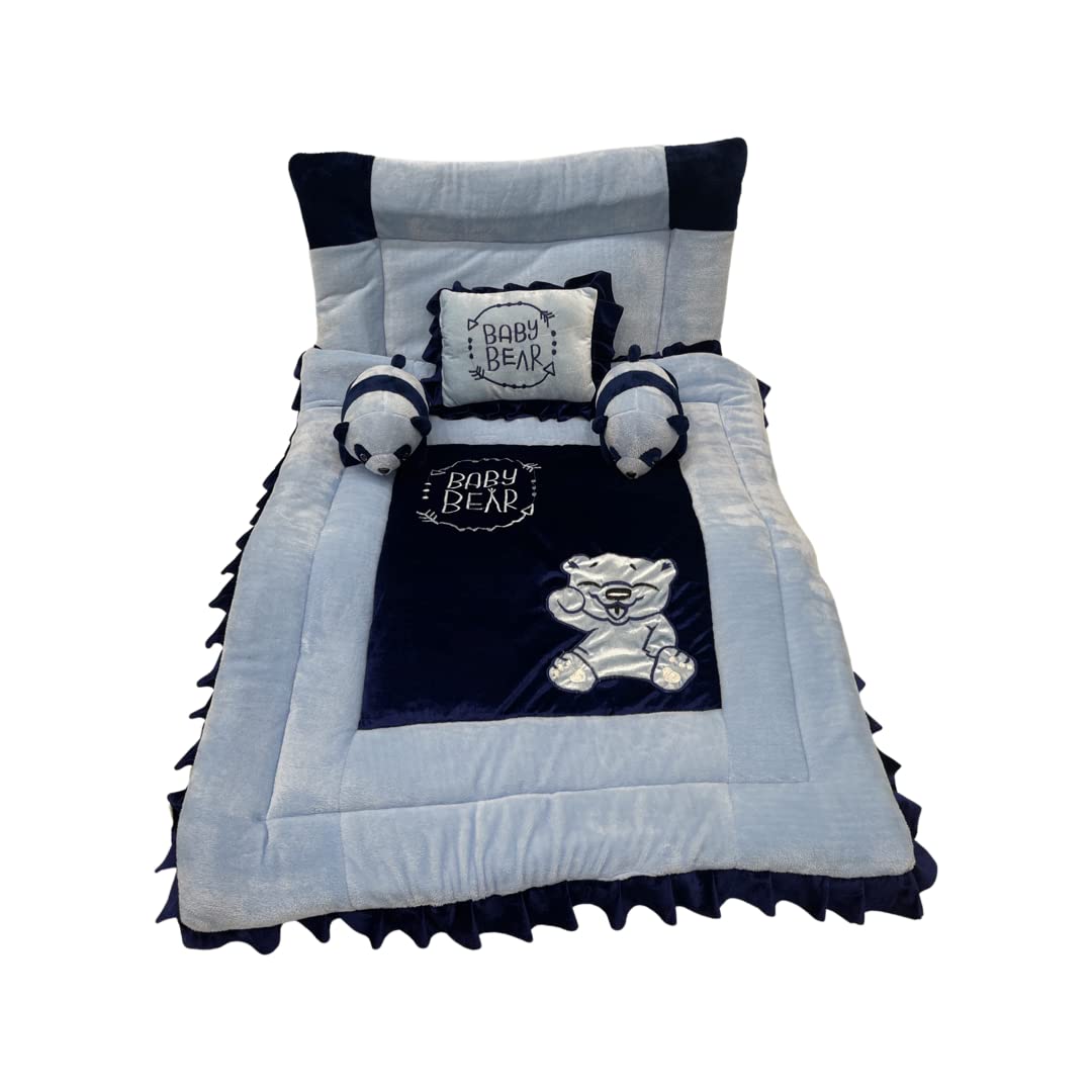 Pinks and Blues Full Sleeping 5 Piece Baby Bedding Set with Two Bear Shape Side Pillows (0-48 Months) (Sky Navy)