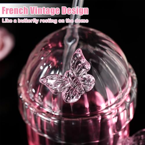 Image of Pink Butterfly Glass Cup with Lid and Straw,3D Butterfly Glass Tumbler Cute Aesthetic Cups Vintage French-Style Drinking Glasses for Hot and Cold Beverages Juice,Cocktail,Whiskey,Milk