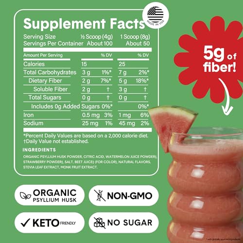Image of Bellway Super Fiber Powder + Fruit, Sugar Free Organic Psyllium Husk Powder Fiber Supplement for Regularity, Bloating Relief & Digestive Health, Plant-Based, Strawberry Watermelon (50 Servings)