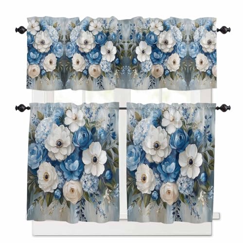 Hydrangeas Flower Kitchen Curtains 24 Inch Length,3 Piece Rod Pocket Small Half Tiers and Valance Set,Blue White Floral Country Oil Painting Small Large Window Treatment Decor for Bedroom/Bathroom