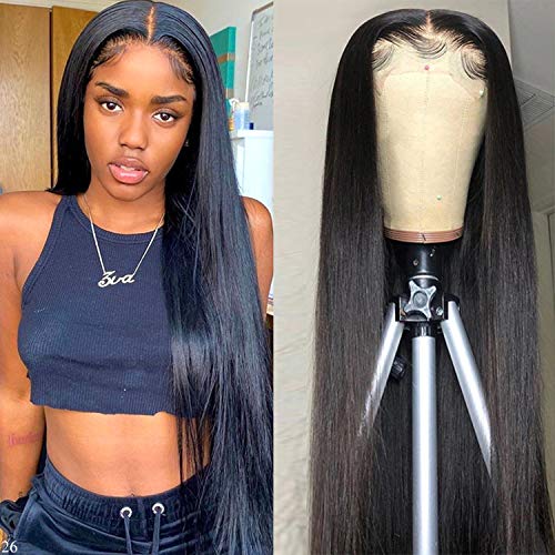 4x4 Lace Closure Wigs Brazilian Straight Human Hair Lace Front Wigs 150% Density Pre Plucked Human Hair with Baby Hair Bleached Knots Lace Front Wigs for Black Women 20 Inch