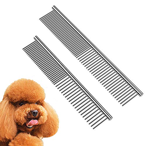 Pet Steel Combs Dog Cat Comb Tool Pet Dematting Comb with Rounded Teeth and Non-Slip Grip Handle Prevents Knots Long and Short Haired for Removing Matted Fur