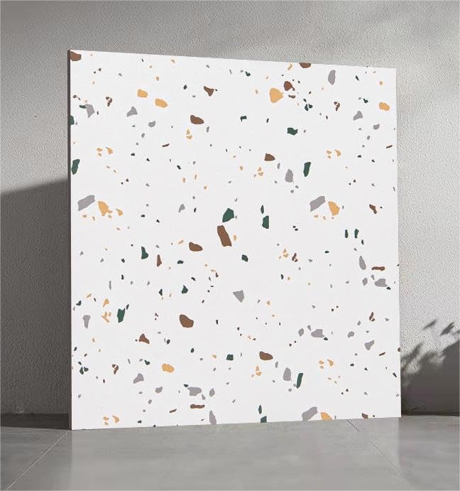 Brievo Peel and Stick White Terrazzo Look Vinyl Floor Tile, 60cm x 60cm, 10pcs (60cm*60cm), 1.5mm Thick, 10kg/pack, Waterproof, Durable, Easy to Install, For Bathroom, Kitchen, Bedroom, Living Room