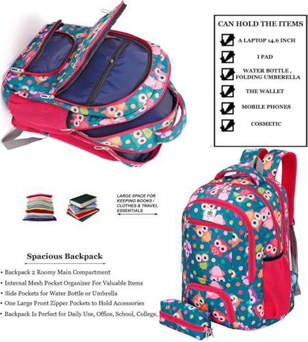 Image of SBCOLLECTION Girls' School Backpack, Owl Print, 32L, with Pencil Pouch, Padded Shoulder Straps, Water Bottle Pocket