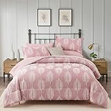 Juego de edredón de 7 piezas para cama en una bolsa, tamaño queen, juego de edredón y sábanas con bordado rosa, juego de sábanas de microfibra para todas las estaciones (color rosa, Queen)