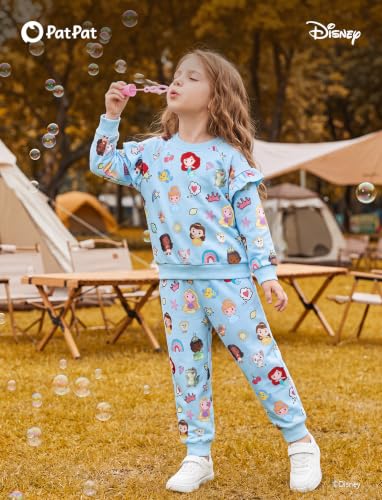 Image of Disney Outfits for Girls Long Sleeve Shirt Pocket Pant Toddler Sweatsuit | Officially Licensed丨Girls Clothes丨2-Piece Outfit丨Allover Print丨Ruffle Shoulder丨Jogger Pants丨Soft Feel丨Easy Care丨Mix & Match