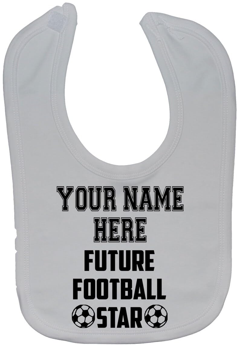 Acce Products Future Football Star Personalised with Name Baby Infant Feeding Bib Coloured Pic Touch Attach 0 to approx 3 Years - White